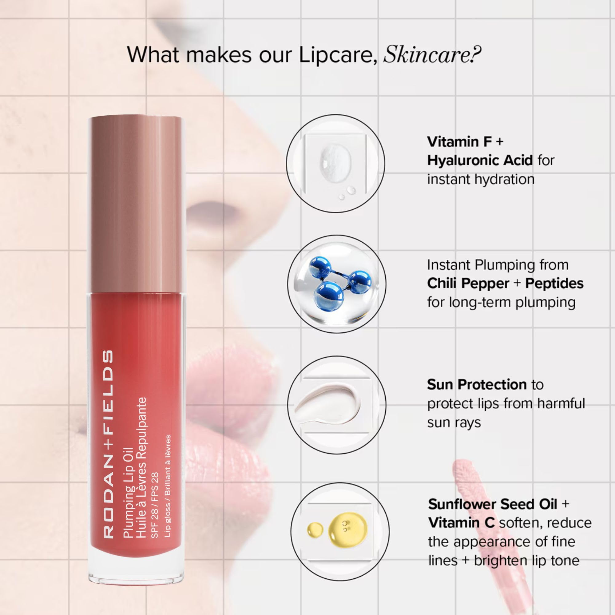 RODAN + FIELDS Plumping Lip Oil SPF 28 – 5 mL | Coral | Tinted Lip Treatment with Peptides, Hyaluronic Acid & Sunscreen Filters | Hydrates, Defines, Supports Softness & Enhances Look of Fuller Lips - Image 6